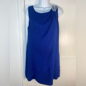 Xscape Royal Blue Asymmetrical Tiered Dress w Embellished Jeweled Shoulder